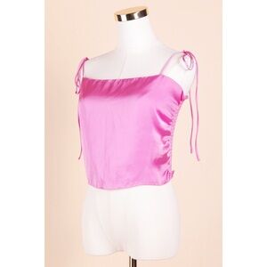 Sz L Urban Outfitters Spaghetti Tie Strap Smocked Satin Crop Top In Rose GUC